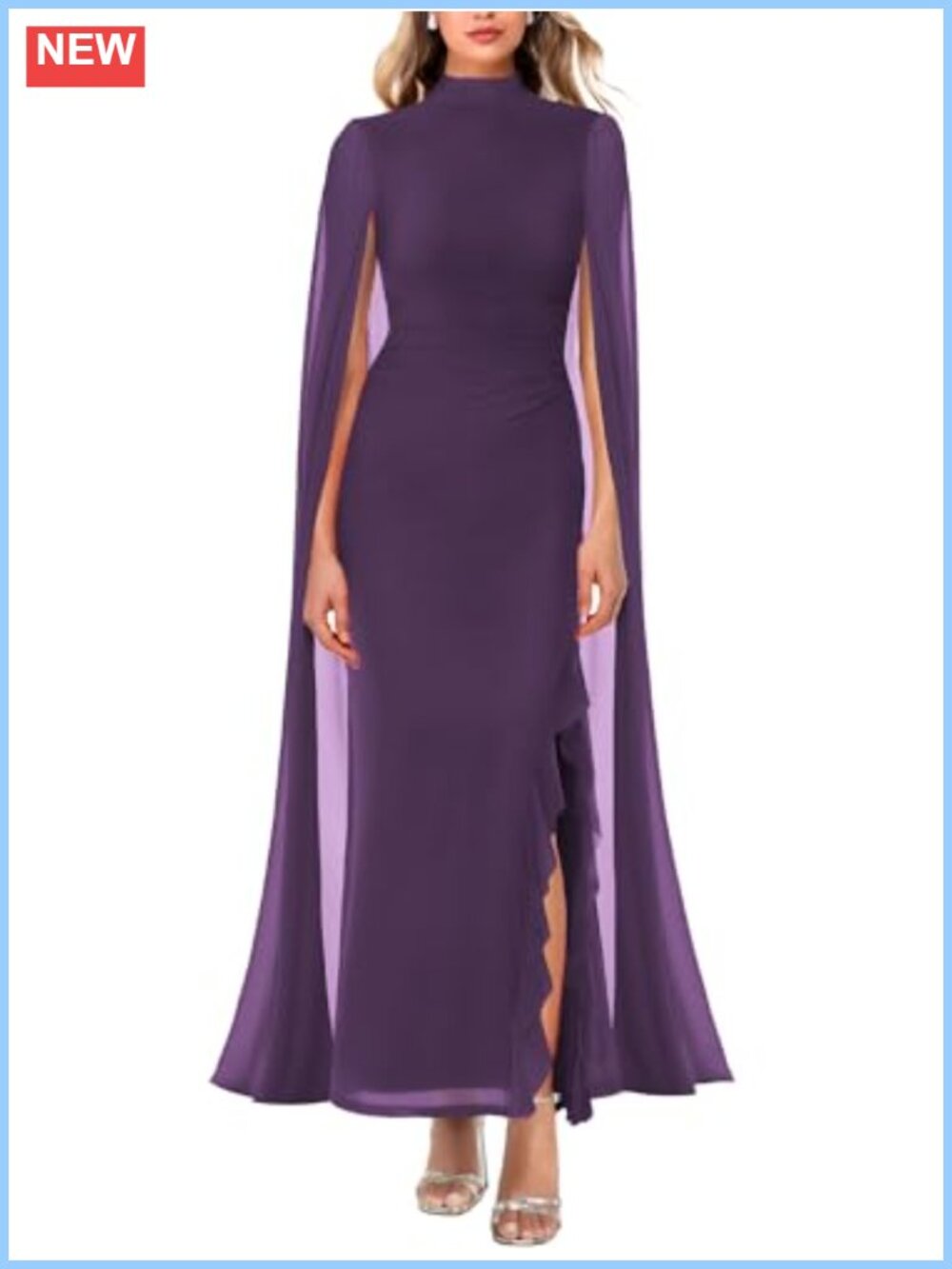 Lrady High Neck Formal Maxi Bodycon Dress with Cape Sleeve